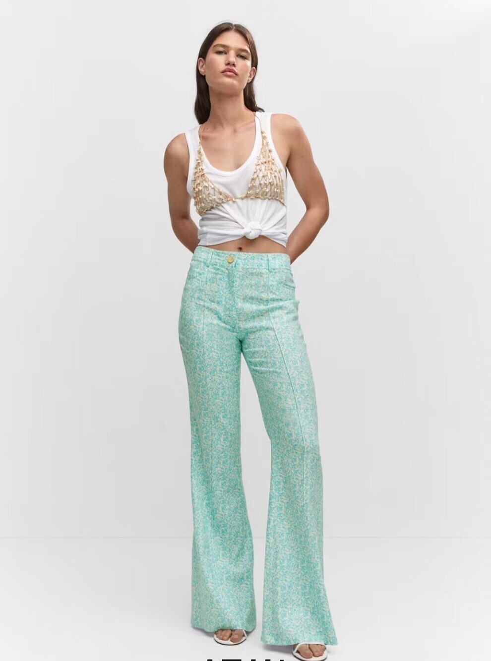 MANGO Floral linen trousers Flare Mid Rise Waist Women Pants Size 8 Blue White